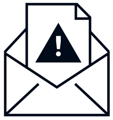 Niebieska ikona koperty z kawałkiem wystającego dokumentu z wykrzyknikiem. Alerty i powiadomienia