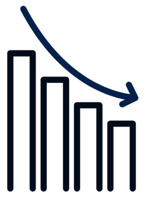 Niebieska ikona wykresu i strzałki w dół. Zmniejszenie kosztów