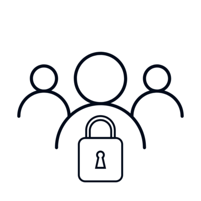 Niebieska ikona ludzi i kłódki. Blokowanie użytkowników