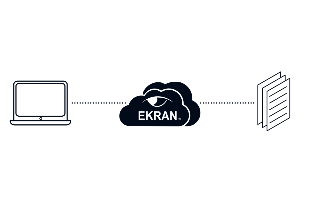 Grafika z trzema elementami: laptop, chmura SaaS z logo Ekran System, dokumenty. Schemat Ekran System SaaS.